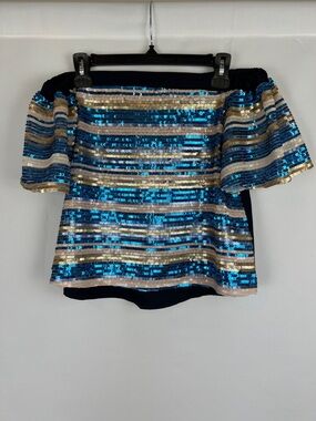 Lulumari Off-Shoulder Sequin Stripe Crop Top in Blue and Gold